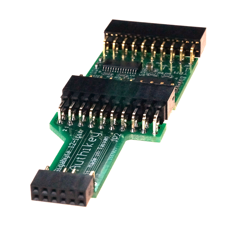 Authikey TPM module installed on a Gigabyte motherboard header
